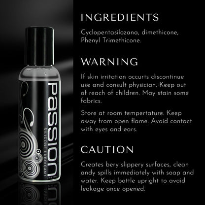 Passion silicone lubricant bottle beside ingredient, warning, and caution information panel on black background
