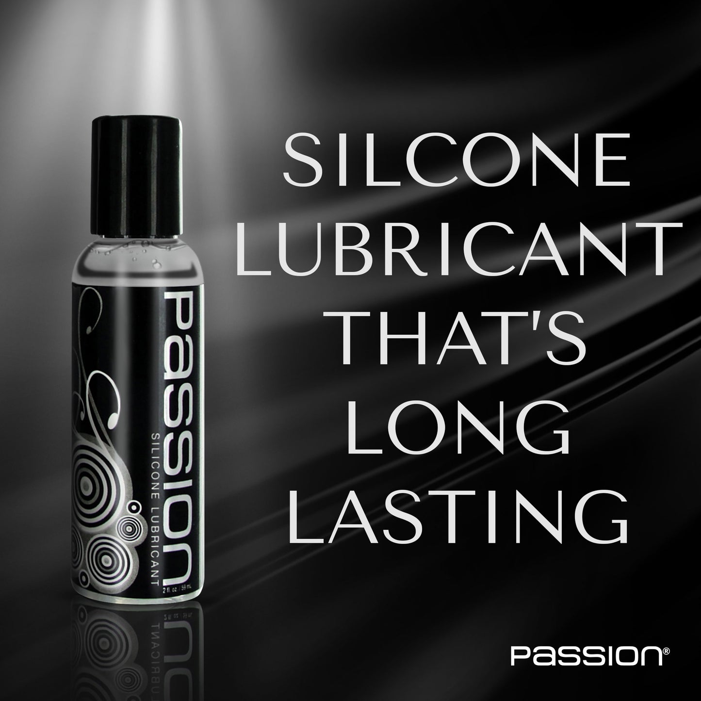 Passion silicone lubricant bottle with text promoting long lasting silicone lubricant formula on dark background