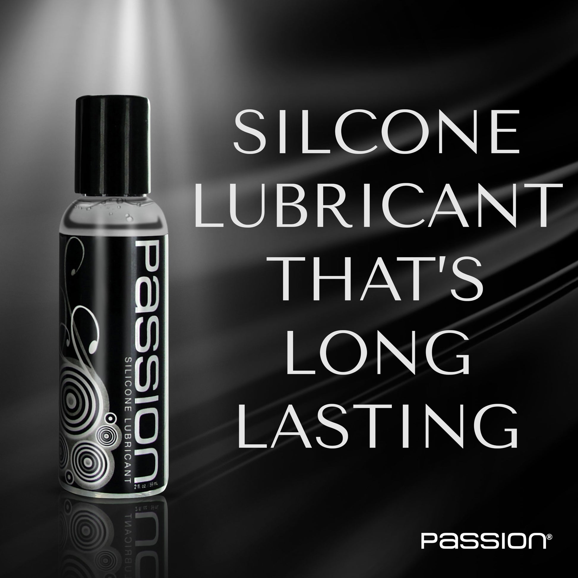 Passion silicone lubricant bottle with text promoting long lasting silicone lubricant formula on dark background