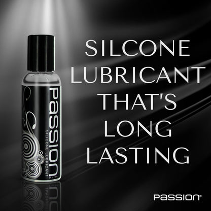 Passion silicone lubricant bottle with text promoting long lasting silicone lubricant formula on dark background