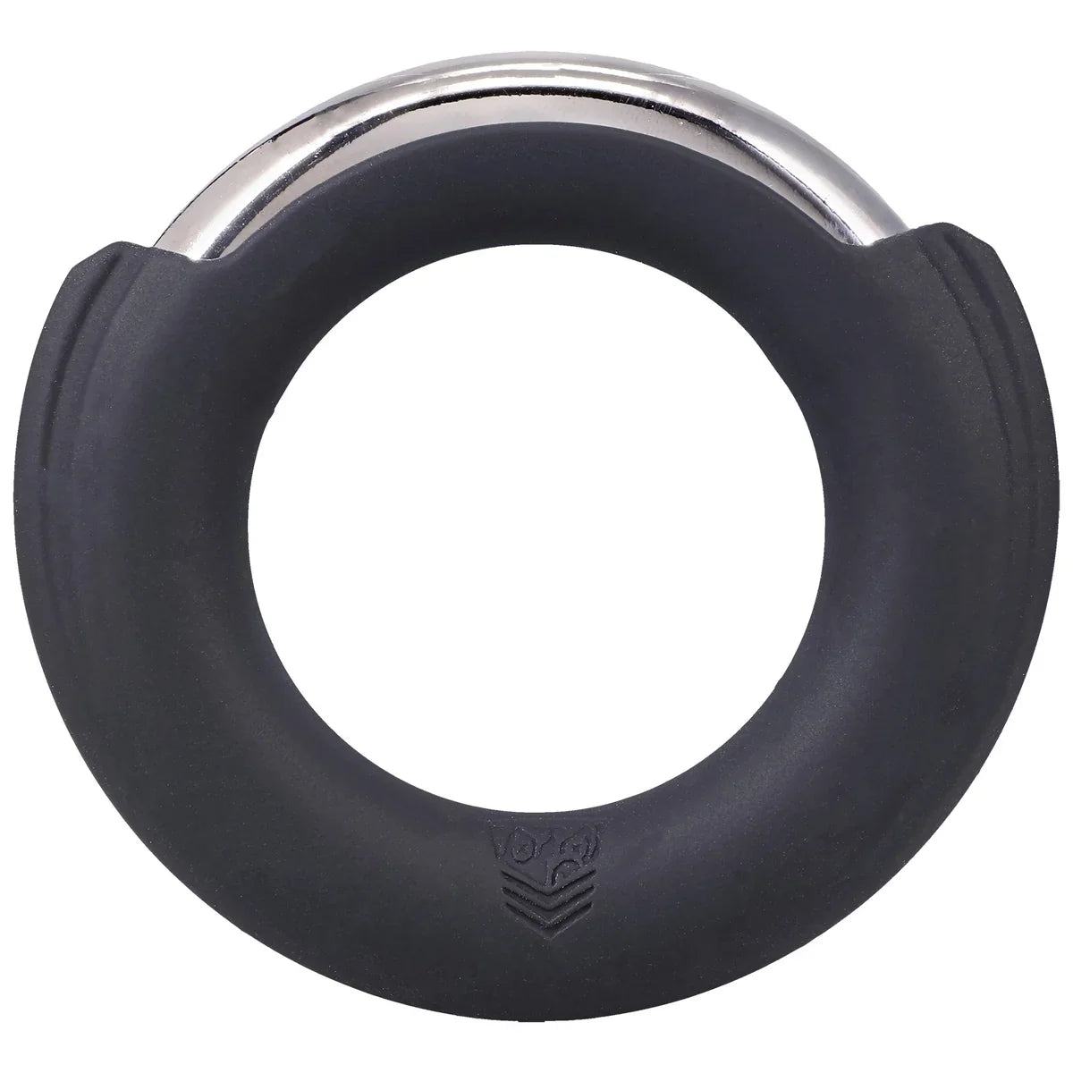 Pinch Zero cock ring front view with the chrome insert seated in the silicone case