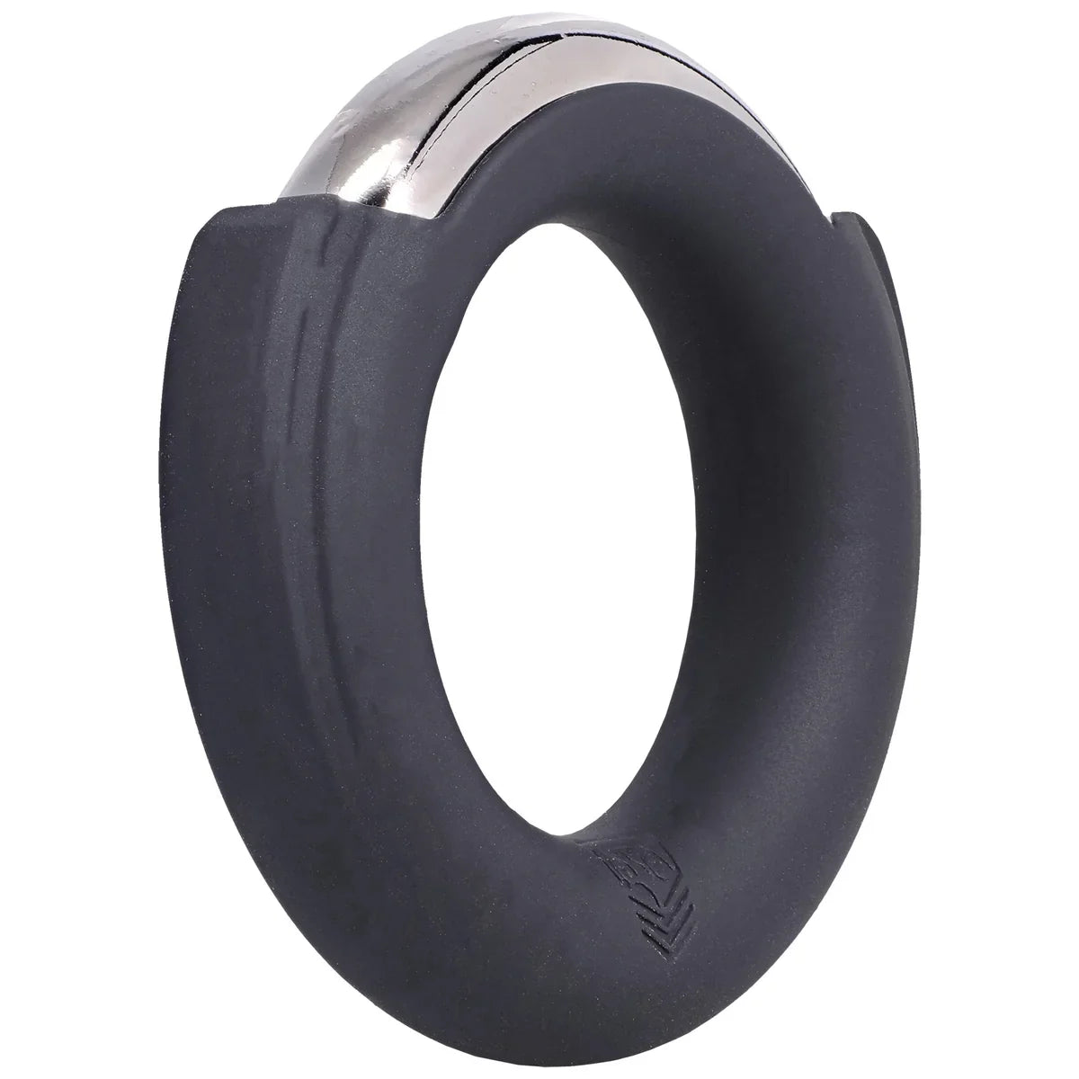 Pinch Zero cock ring angled view showing the chrome arc and shield logo