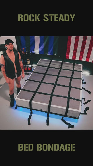 Rock Steady Bed Bondage System video, bed restraints set up on a mattress with the 5th strap, Fort Troff gay gear at Boyzshop