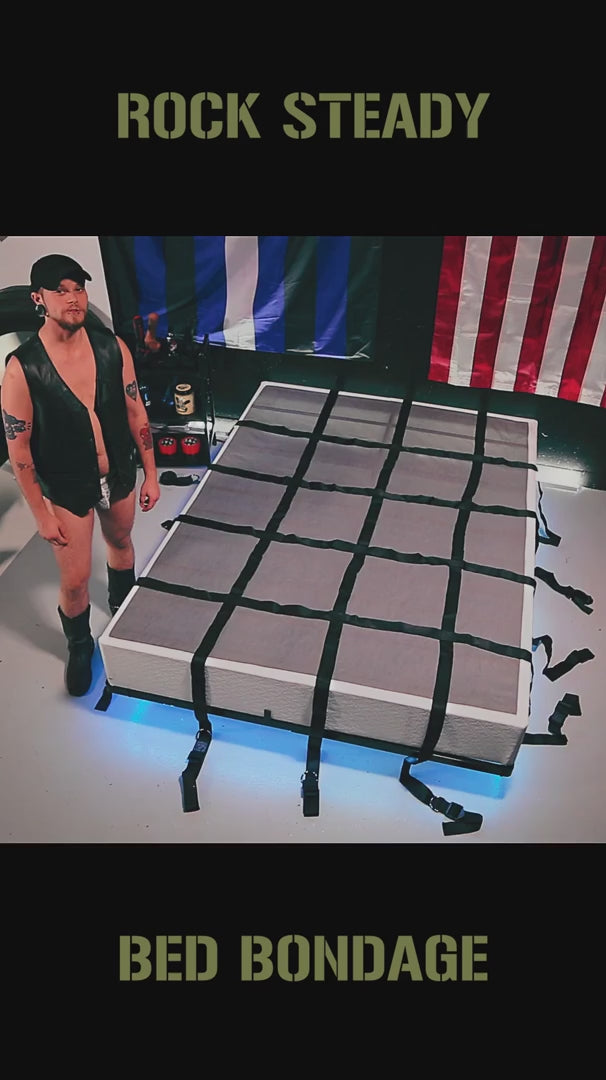 Rock Steady Bed Bondage System video, bed restraints set up on a mattress with the 5th strap, Fort Troff gay gear at Boyzshop