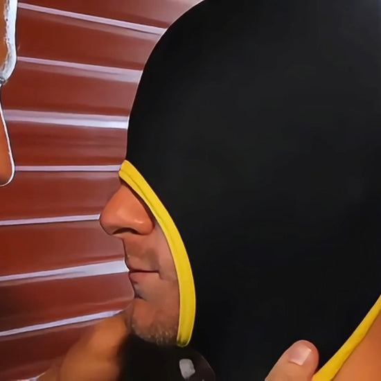 Blind Skullfuck hood video, the neoprene bondage hood worn blind with the open mouth in use, Fort Troff gay gear at Boyzshop