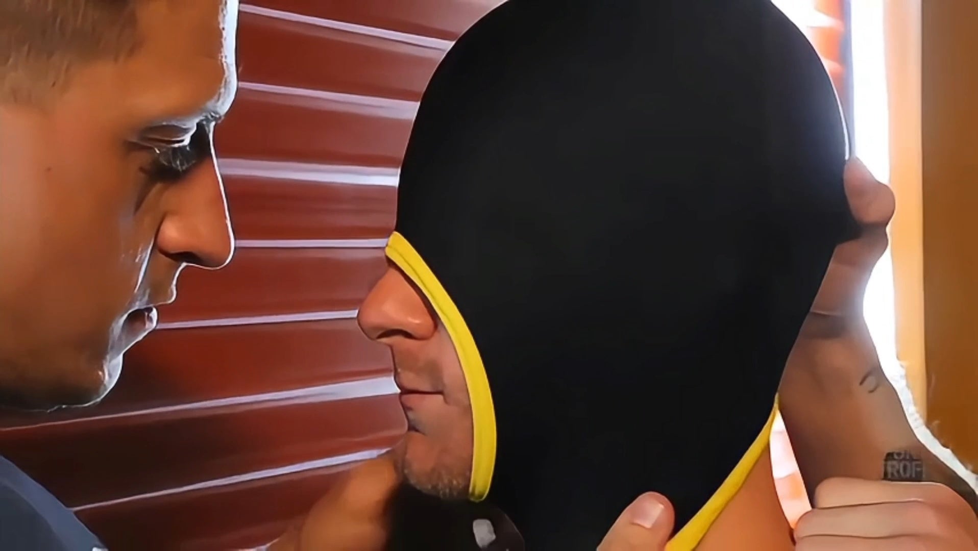 Blind Skullfuck hood video, the neoprene bondage hood worn blind with the open mouth in use, Fort Troff gay gear at Boyzshop