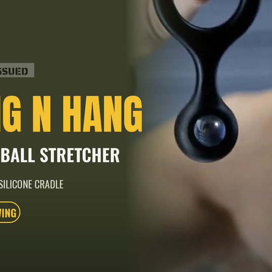 Swing N Hang Weighted Ball Stretcher video, the 8 oz steel ball swinging under a sack, Fort Troff gay gear at Boyzshop