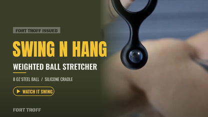 Swing N Hang Weighted Ball Stretcher video, the 8 oz steel ball swinging under a sack, Fort Troff gay gear at Boyzshop
