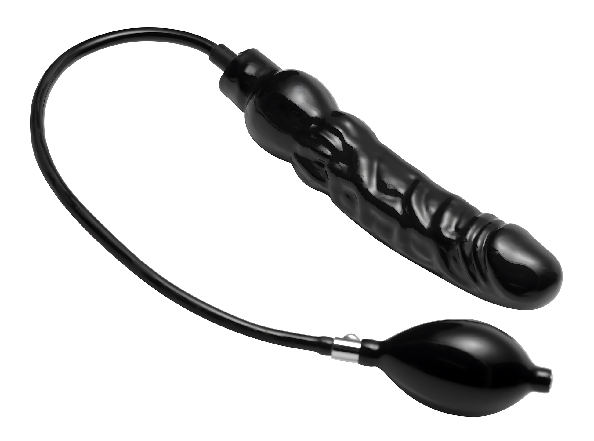 angled product image of black inflatable dildo with attached hand pump and realistic textured design