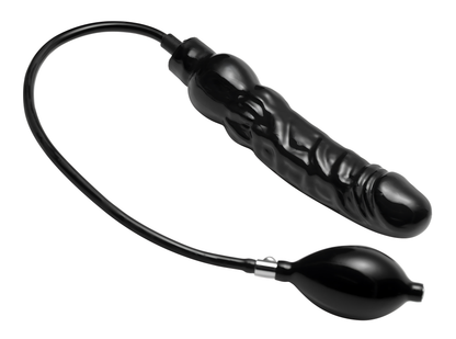 angled product image of black inflatable dildo with attached hand pump and realistic textured design