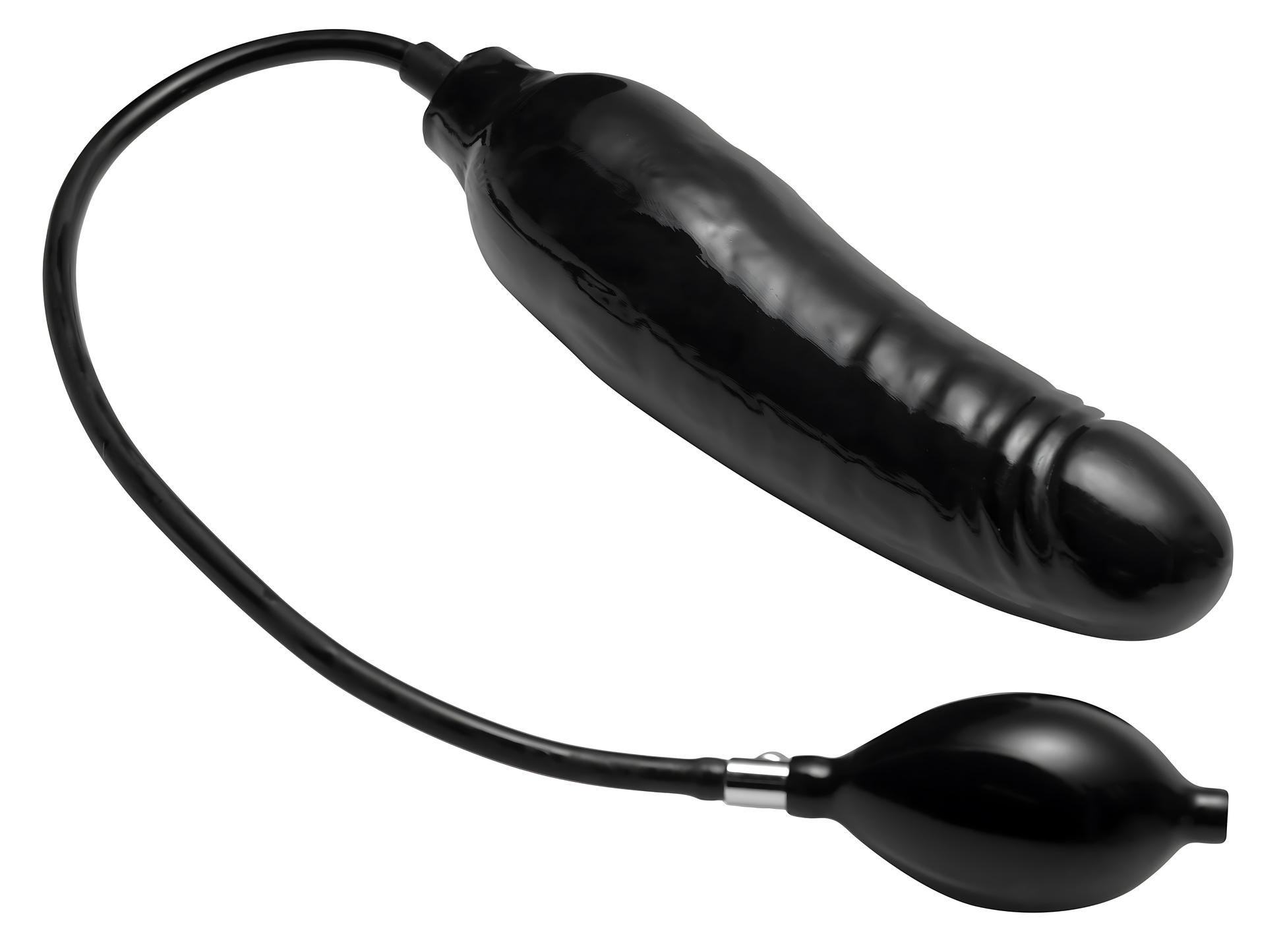 side view of black Primal inflatable dildo with inflation bulb and smooth curved insertable shaft