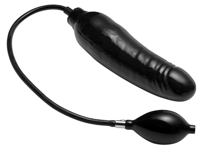 side view of black Primal inflatable dildo with inflation bulb and smooth curved insertable shaft