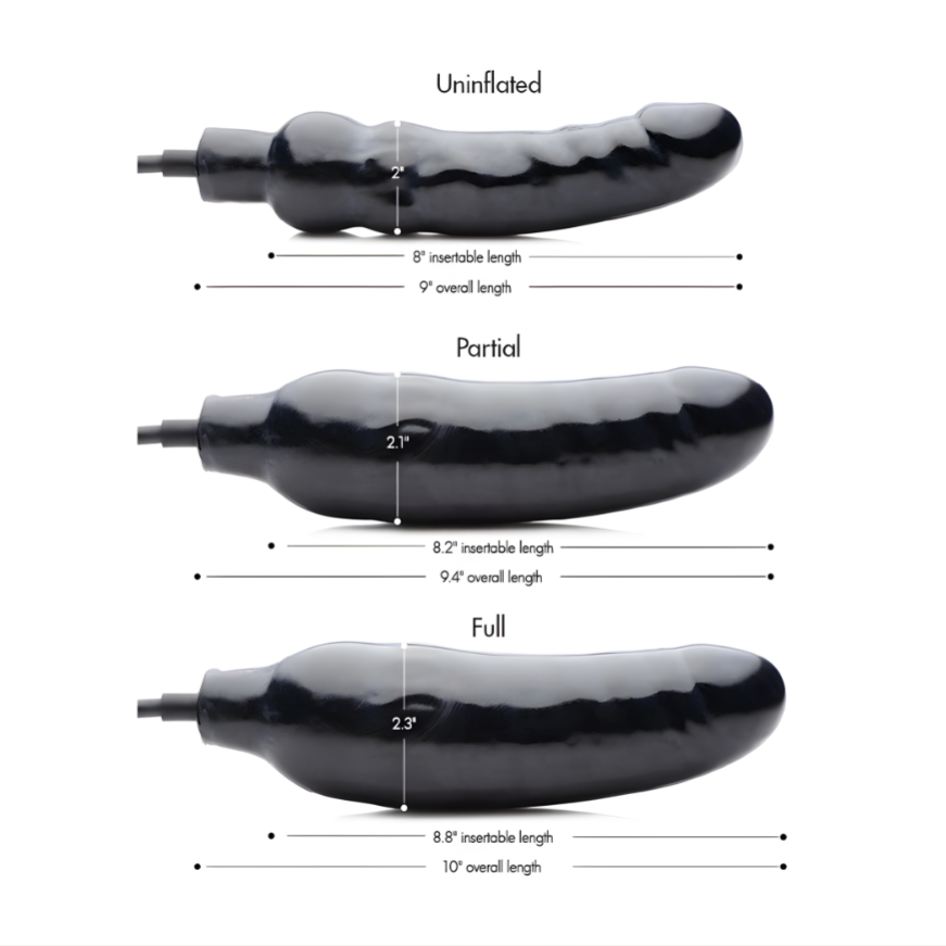 Primal inflatable dildo infographic showing uninflated, partial inflation, and full inflation size measurements with insertable length details