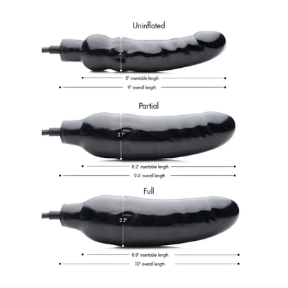 Primal inflatable dildo infographic showing uninflated, partial inflation, and full inflation size measurements with insertable length details