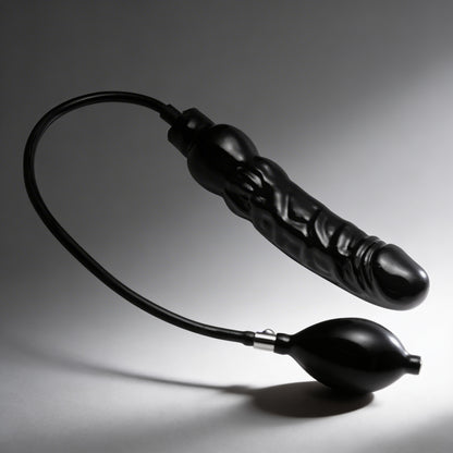 black Primal inflatable dildo with attached inflation pump and textured curved shaft on dark gray background