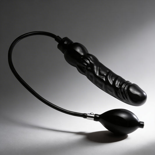 black Primal inflatable dildo with attached inflation pump and textured curved shaft on dark gray background
