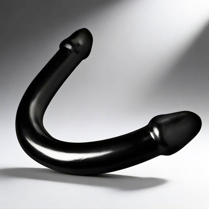 black XL double ended curved dildo with smooth finish and bulbous tips on neutral background