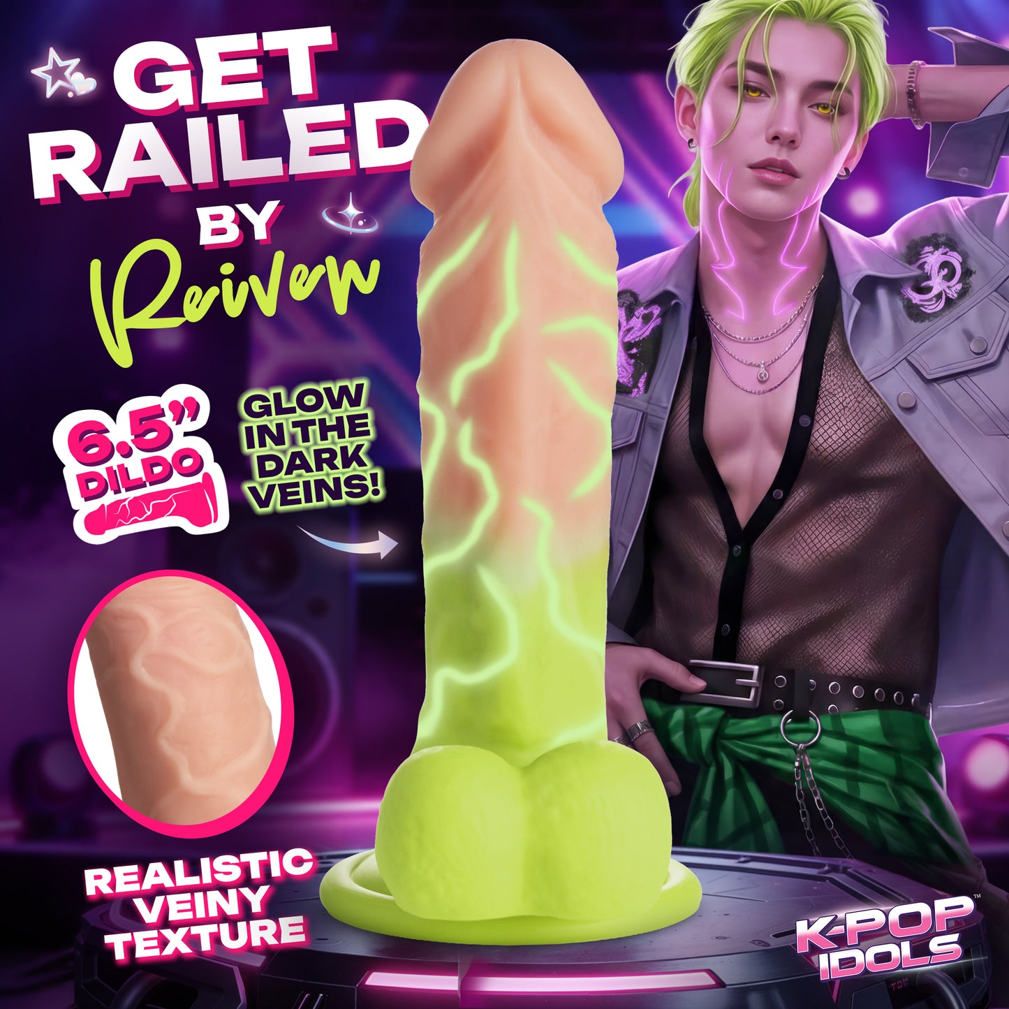 Sweeping neon-green arc glow on the Reiven dildo
