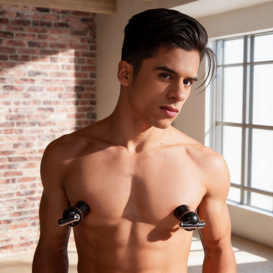 Male model wearing black vibrating nipple suckers, demonstrating the compact suction cup design and hands-free fit on the chest in a bright studio setting.