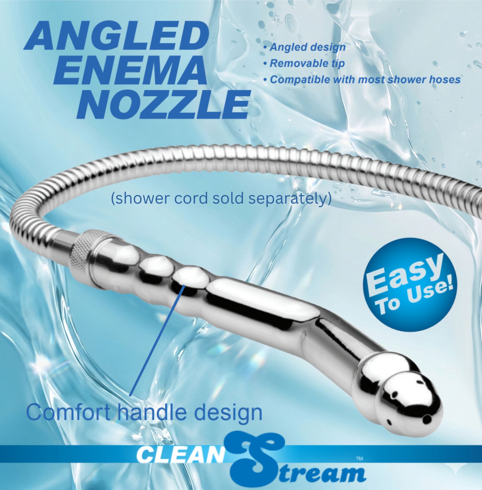 Clean Stream angled stainless steel shower enema wand with flexible hose connection and removable spray tip packaging graphic