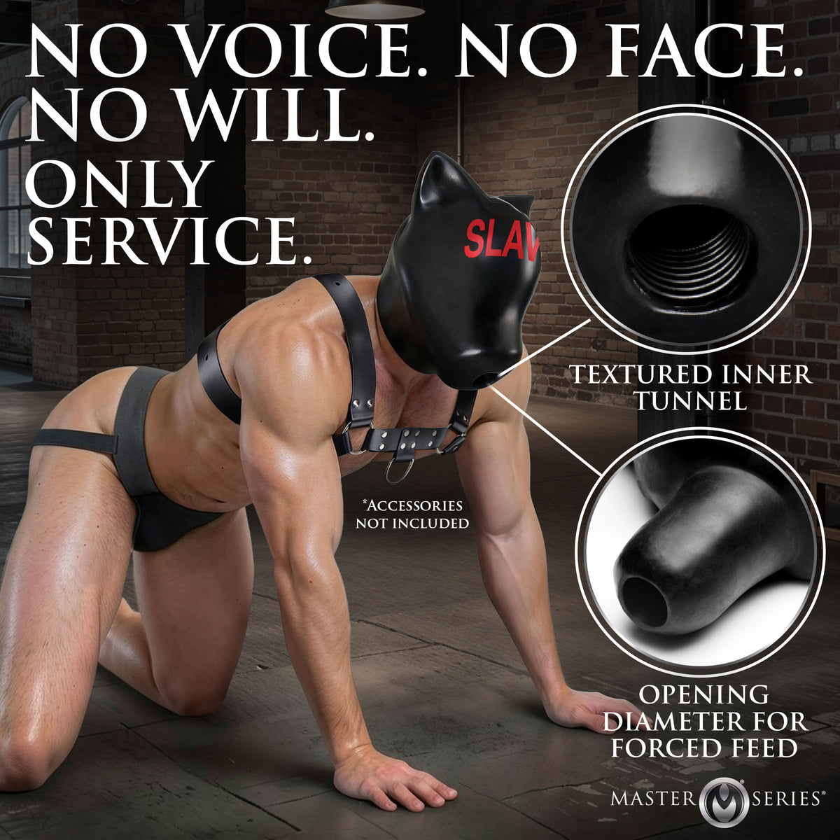 Slave silicone pup hood worn for full sensory deprivation