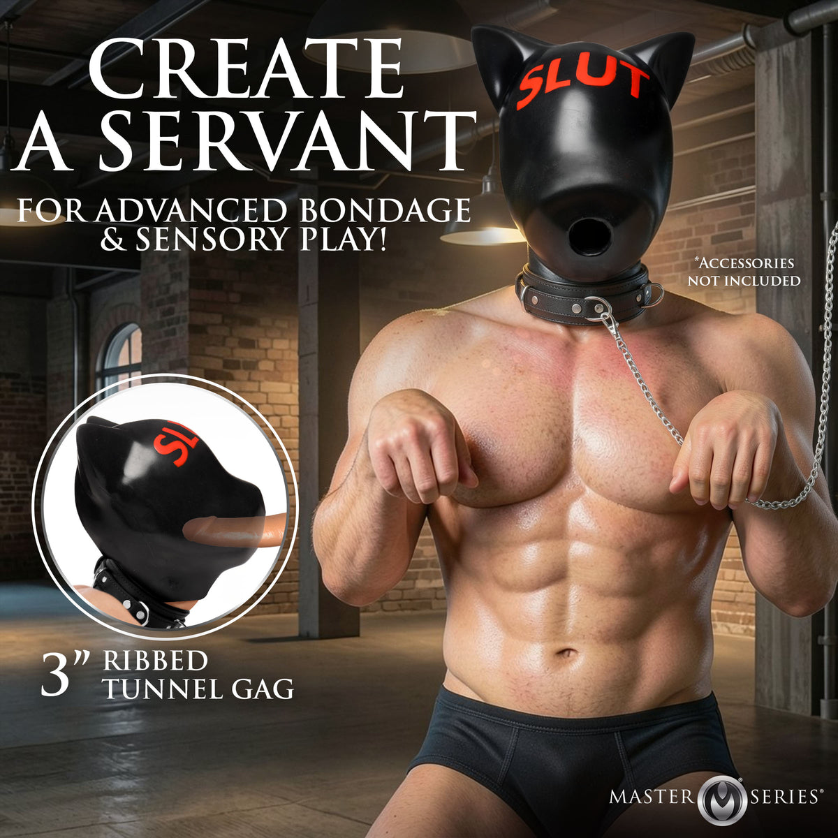 3.1 inch gag with textured tunnel on the slut pup hood