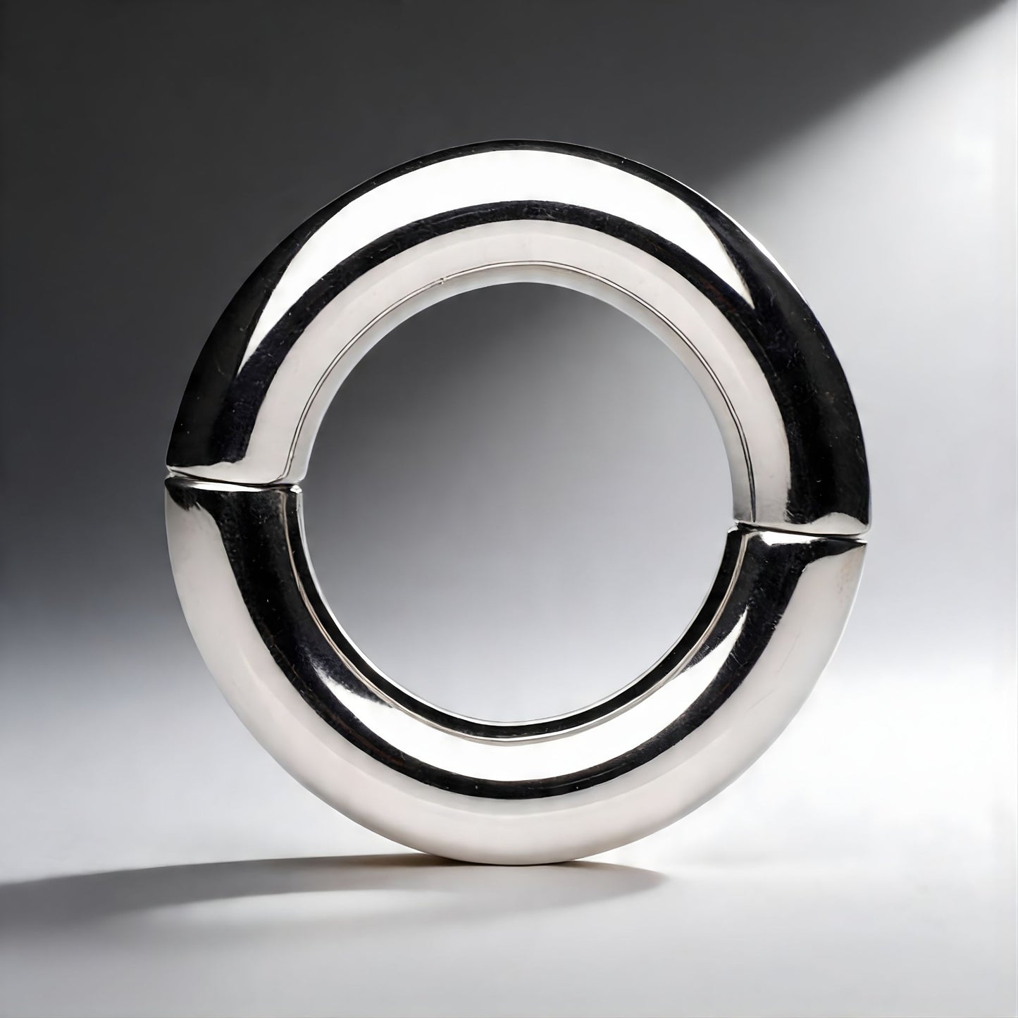 close up of polished stainless steel magnetic cock ring highlighting smooth circular shape and seamless join