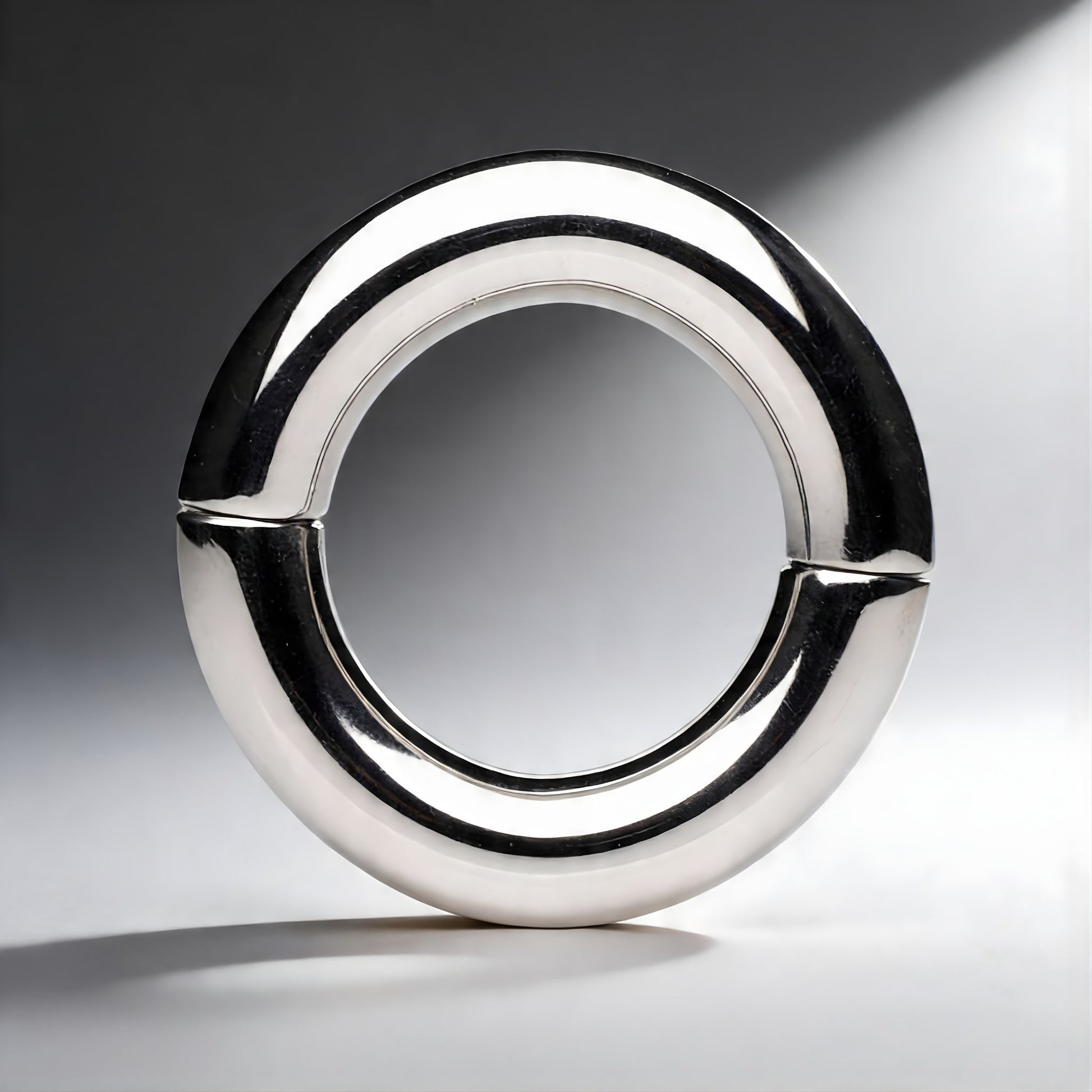 close up of polished stainless steel magnetic cock ring highlighting smooth circular shape and seamless join