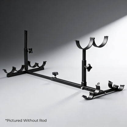 adjustable black metal stockade bondage frame with padded restraint cuffs and mounting brackets displayed without rod on gray background