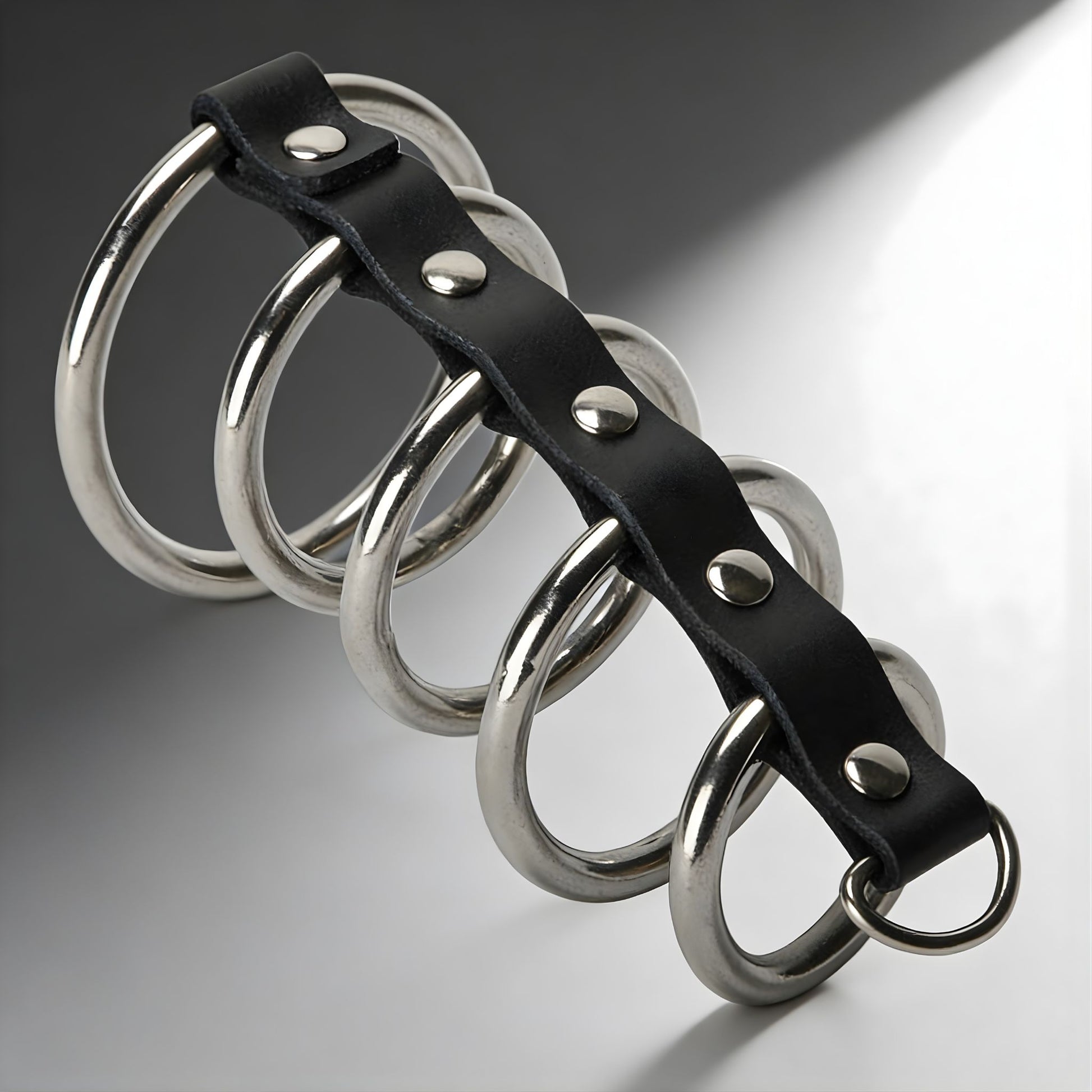 strict leather gates of hell cock cage with multiple stainless steel rings attached to black leather strap on clean background