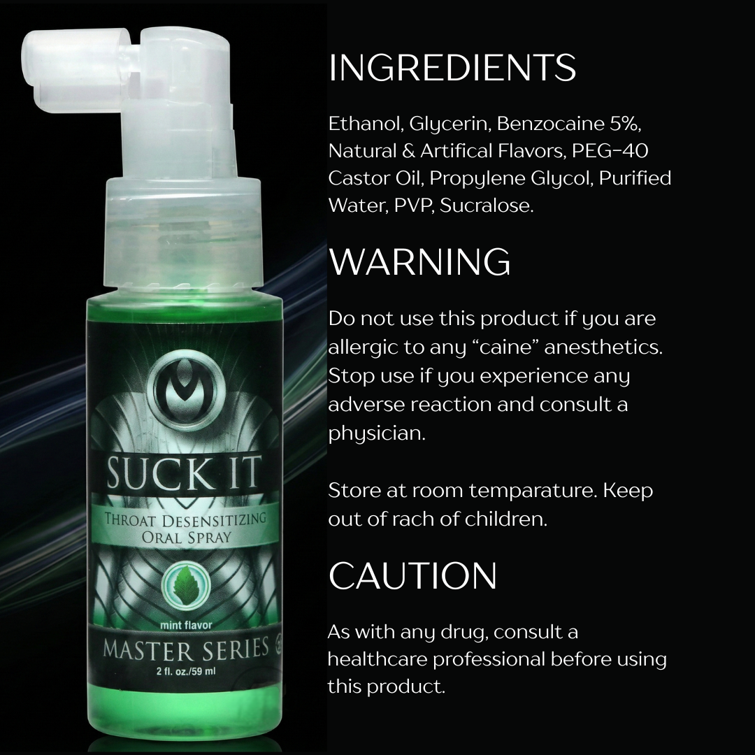 Suck It throat desensitizing oral spray bottle with ingredient list, warnings, caution information, and mint flavor label displayed