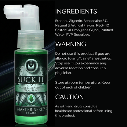 Suck It throat desensitizing oral spray bottle with ingredient list, warnings, caution information, and mint flavor label displayed