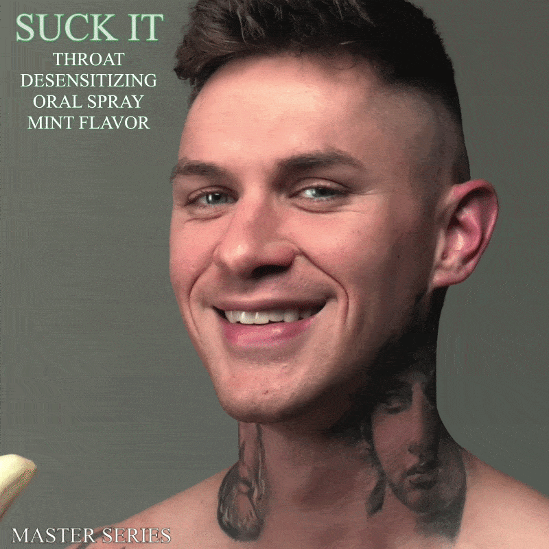 close-up lifestyle gif of a tattooed male model promoting Suck It mint flavored throat desensitizing oral spray from the Master Series collection