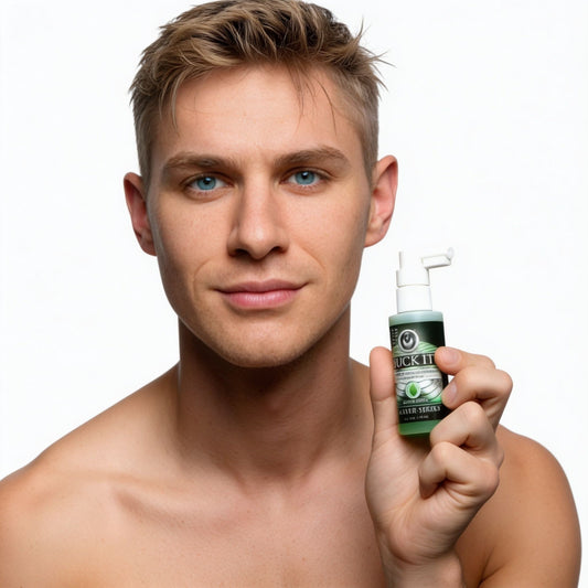 male model holding Suck It mint flavored throat desensitizing oral spray bottle against a clean white background