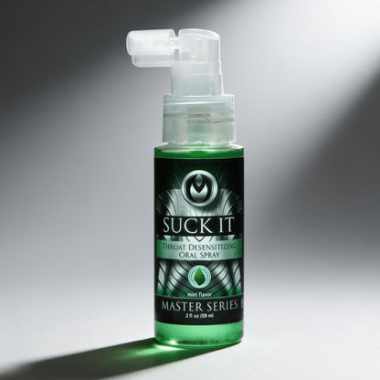 Suck It mint flavored throat desensitizing oral spray bottle standing upright with pump applicator in dramatic studio lighting
