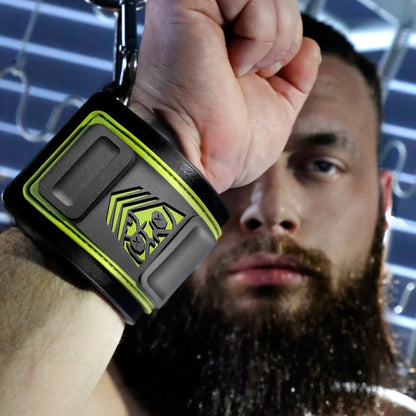 Tactical Wrist Cuff close-up on a raised fist showing the olive shield logo, Fort Troff