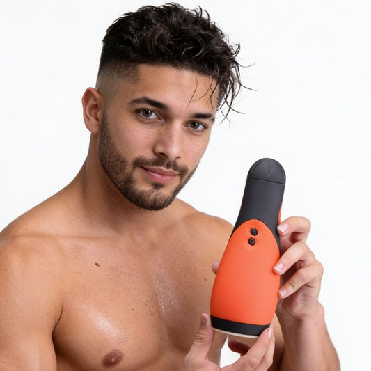 male model holding the Vibra Head Bionic Auto Stroker to showcase its size, ergonomic shape, and easy-to-use control buttons