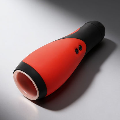 Vibra Head Bionic Auto Stroker with a black and red ergonomic exterior, control buttons, and hands-free automatic stroking design