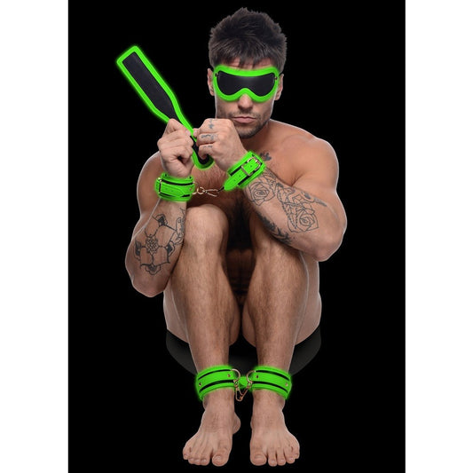 Kink in the Dark Glowing Cuffs Blindfold and Paddle Bondage Set