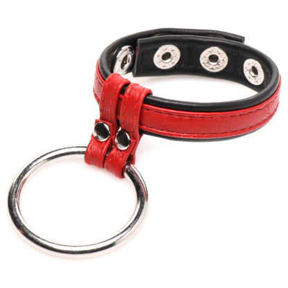 Red Leather and Steel Cock and Ball Ring
