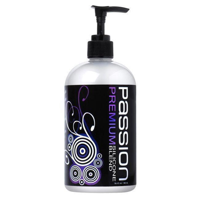 A bottle of Passion Premium Silicone Hybrid Lubricant with a pump dispenser. The label is predominantly black with purple and white decorative elements.